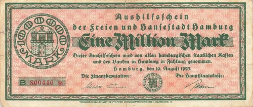 Hamburg One Million Mark Temporary Certificate 1923 Emergency Money