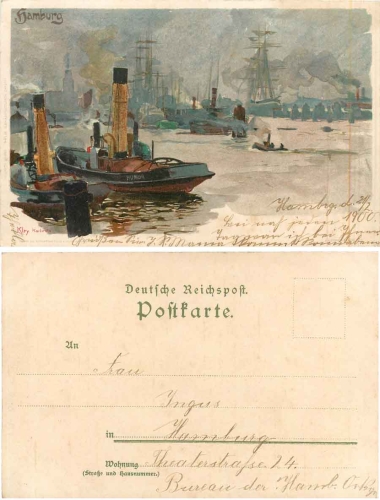 Hamburg harbor artist card Heinrich Kley br. 1900