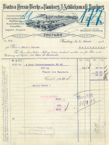 Hamburg Wachs- & Ceresin Werke J. Schlickum & Co. Letterhead with factory view 1913
