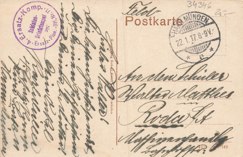 34346 Hann. Muenden Bridge Fieldpost stamp 4th Replacement Company Replacement Pioneer Battalion No. 11 o 1917