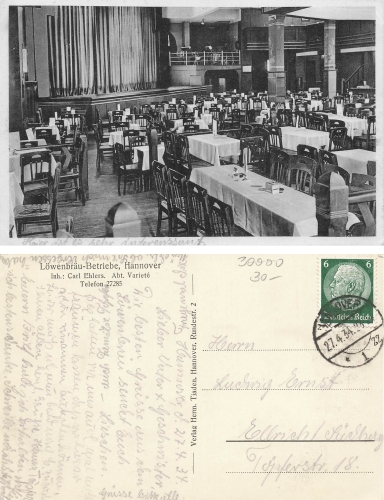 Hanover Restaurant Loewenbraeu-Betriebe inside view o April 27, 1934