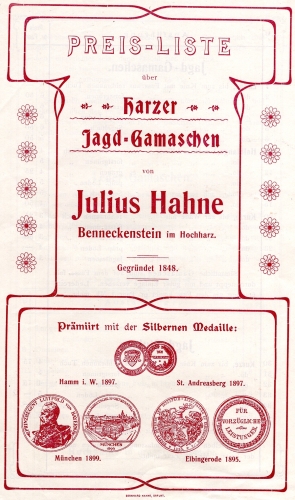 Harzer Jagd Gamaschen Julius Hahne Benneckenstein Preisliste um 1900