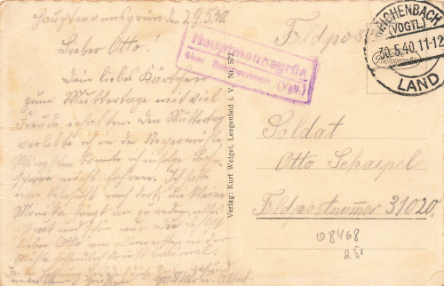 08468 Hauptmannsgrun country postmark o May 30, 1940 on postcard
