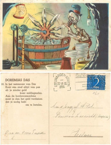 Hausarbeit, Vogel beim Tellerwaschen, Spülen, Karrikatur o 31.7.1956