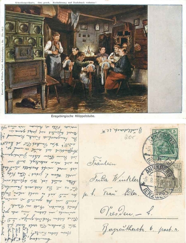 Hausarbeit, Klöppeln, Klöppelstube im Erzgebirge Künstlerkarte G. Falk o 5.8.1916