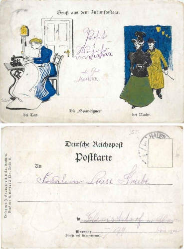 Hausarbeit Schneiderin Gruß aus dem Zukunftsstaat Spar-Agnes Sign. E.Edel gebr. ca. 1900