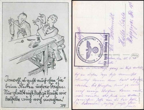 Army ancillary equipment office Aalen (Wurttbg) Free by replacing Reich field post 2nd WW o 1940 on postcard repair hour