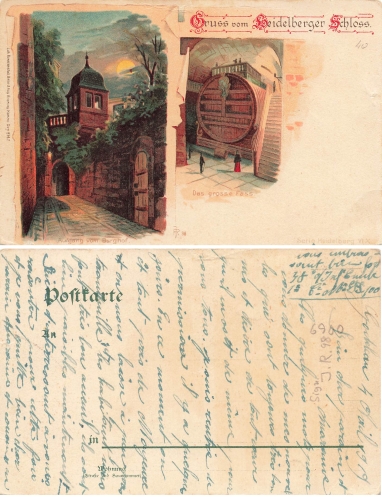 Heidelberg Schloss Farblitho Künstler J.R.  gebr. 1919