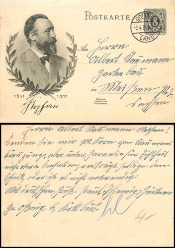 Heinrich von Stephan Ganzsache  8 Pfennig o Cottbus 2.4.1931