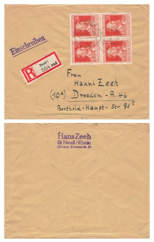 Heinrich von Stephan Michel 963 block of four on R-letter o Neuss1 May 16, 1947 to Dresden