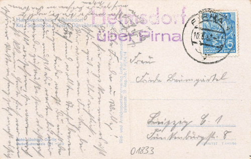 01833 Helmsdorf Stolpen Craftsmen's Home Rural Postmark Helmsdorf via Pirna o 1958