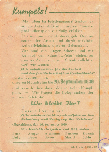 Hennecke Movement 1949 Leaflet Oberschlema