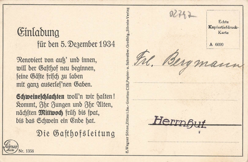 02747 Herrnhut Inn of the Moravian Church Invitation to the reopening 1934