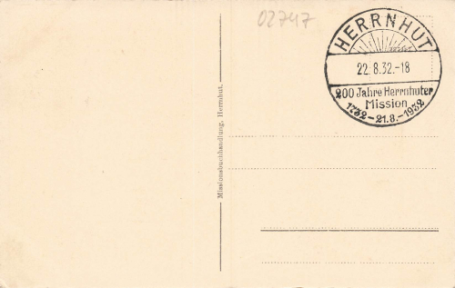 02747 Herrnhut Oberlausitz Sonderstempel 200 Jahre Herrnhuter Mission 1932