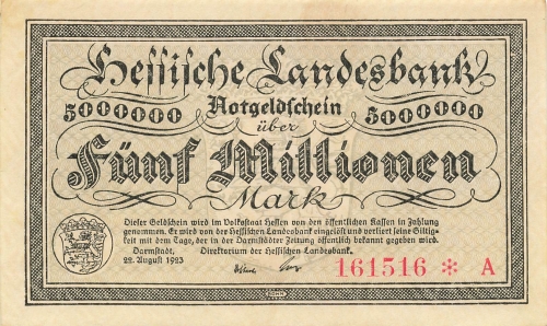 Hessian State Bank Five million marks Darmstadt August 22, 1923 emergency money