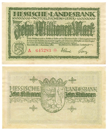 Hessische Landesbank Zehn Millionen Mark Gutschein Darmstadt 1. September 1923 Notgeld