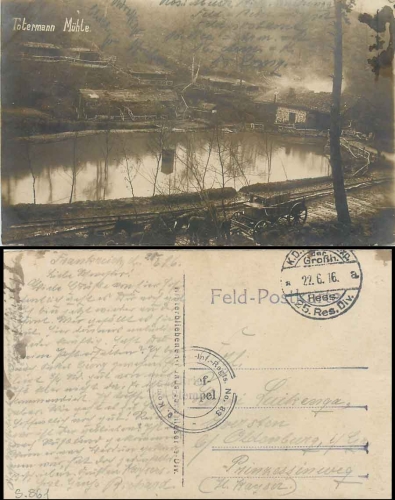 Hessian 25th Reserve Division 9th Company Reserve Infantry Regiment No.83 Feldpost o 22.6.1916 on photo card Dead Man's Mill