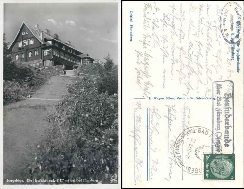 Heufuderbaude über Bad Flinsberg (Isergeb.) Landpoststempel auf AK o 13.2.1935