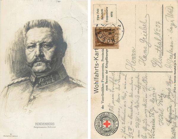 Hindenburg Ostpreussens Befreier Rotes Kreuz Wohlfahrts-Karte des Vaterländischen Frauen Vereins o 13.5.1915 