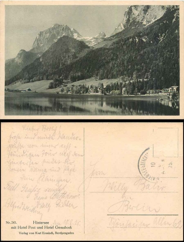 83486 Ramsau bei Berchtesgaden Hintersee mit Hotel Post u. Hotel Gemsbock o ca. 1925