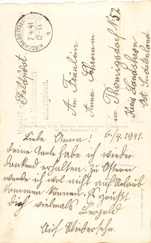 Hirschberg Schildauer Strasse Riesengebirge Silesia Jelenia Gora Field Post 1941