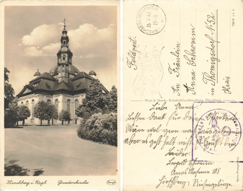 Hirschberg Riesengebirge Schlesien Gnadenkirche Jelenia Gora Feldpost Heimatpferdelazarett 108 o 1941