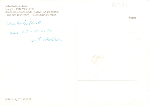 01773 Hirschsprung Erzgebirge Betriebsferienheim Polygraph * 1984