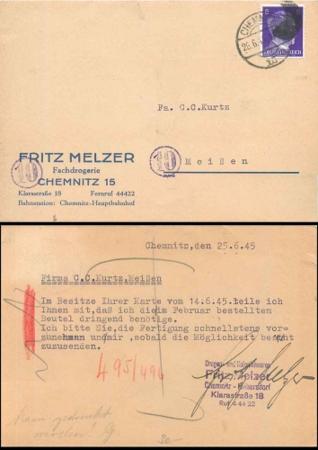 SBZ blackening OPD Chemnitz AP 785 6 Pfg Hitler on postcard from Chemnitz 6/26/1945 to Meissen
