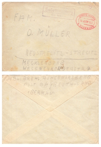91278 Hohenmirsberg Country postmark and fee paid Stamp on letter o Bayreuth 2 January 21, 1946 to Neustrelitz