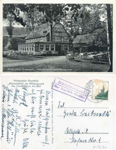 09337 Hohenstein Ernstthal Klausmühle im Hüttengrund Posthilfstellenstempel Hüttenmühle o ca. 1935 