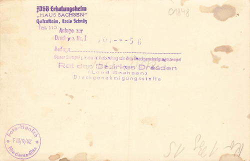 01848 Hohnstein Sächsische Schweiz FDGB Ferienheim Haus Sachsen 1956