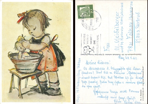 Hummel card # 221 Doll bath o 28.8.1962