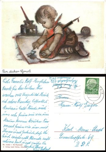 A big greeting Berta Hummel-Card No. 5202 Painter o 18.7.1957