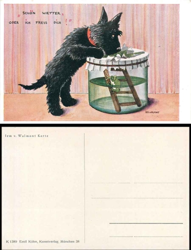 Dog with weather frog artist card Irm von Walmont * around 1920