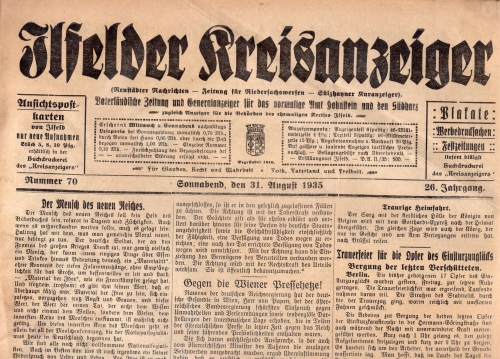 Ilfelder Kreisanzeiger Wochenzeitung 31. August 1935