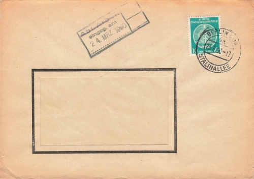 Industrieladen Foto Kino Optik Dienstpost 10 Pfennig Michel 19 o Berlin Stalinallee 23.3.1960