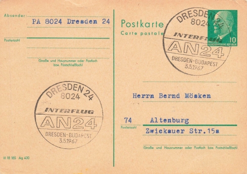GDR postal stationery 10 Pfennig Ulbricht special cancellation Interflug AN24 Dresden Budapest May 3, 1967