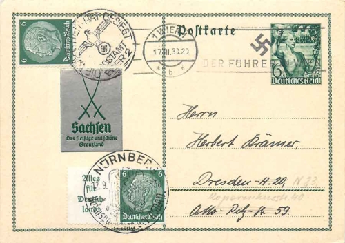 Anniversary of the seizure of power in 1938 postal stationery 6 Pfennig special stamp with sticker "Saxony at work"