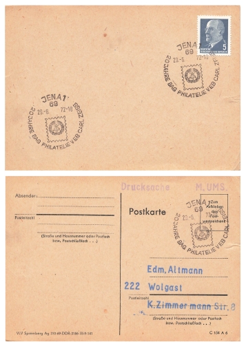Jena 20 Jahre Philatelie VEB Carl Zeiss Sonderstempel auf Drucksache 29.6.1972