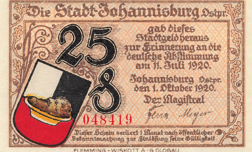 Johannisburg, East Prussia, emergency banknote Pisz 1920