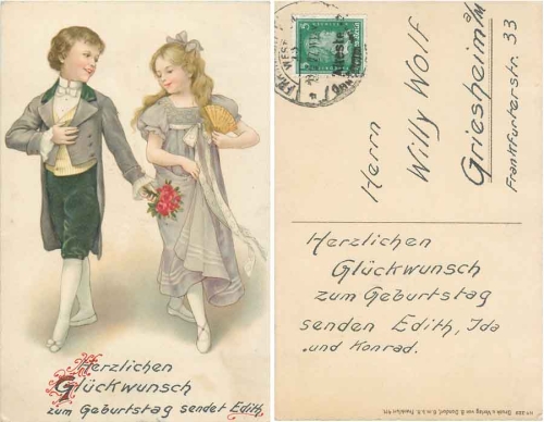 Junge mit Blumen Mädchen mit Fächer Künstlerkarte o 12.2.1927