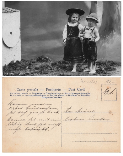 Boy with slingshot in traditional leather trousers used around 1905