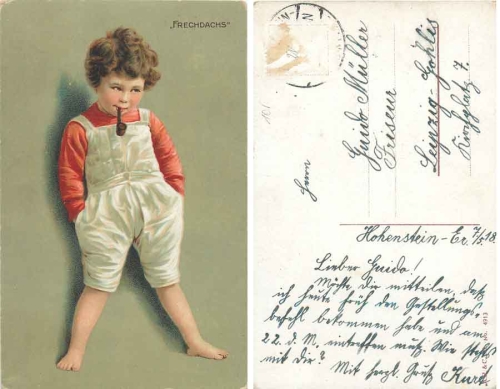 Boy smokes tobacco pipe "Frechdachs" o 7.5.1918