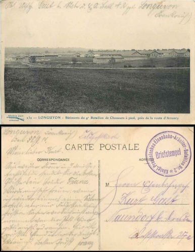 KP Eisenbahn-Arbeiter-Bataillon Nr.2 Feldpost 1914 auf AK Longuyon