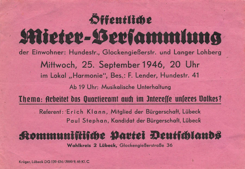 KPD Luebeck Handzettel zur Mieter Versammlung Hundstrasse Glockengiesserstrasse und Lang Lohberg 1946