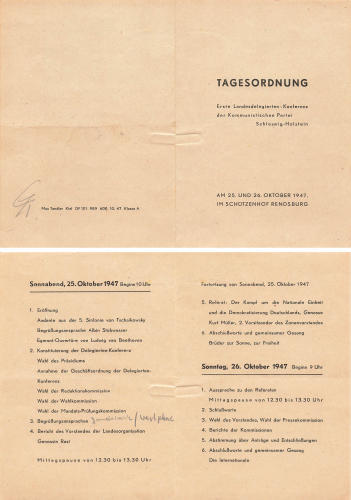 KPD Schleswig-Holstein Landesdelegierten-Konferenz Tagesordnung im Schuetzenhof Rendsburg 1947