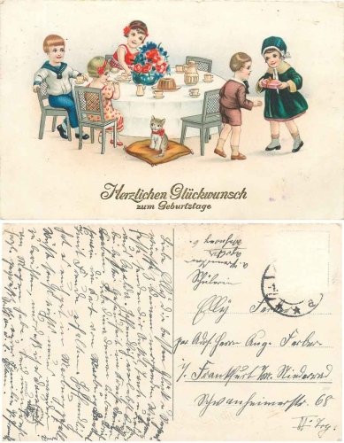 Kaffeetafel Katze Geburtstagskarte o ca. 1920