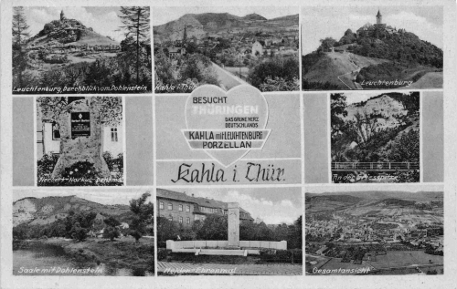 Kahla Thüringen Mehrbildkarte o 6.9.1945 roter Gebühr bezahlt Stempel