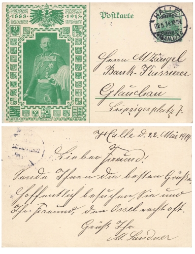 Kaiser  Wilhelm II 25 Jähriges Regierungjubiläum Privatganzsache PP27C241 o Halle 22.5.1914