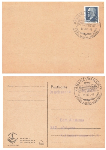 Kamenz1-Kanjenc1 bilingual special cancellation Kamenz Radeberg railway line October 31, 1971